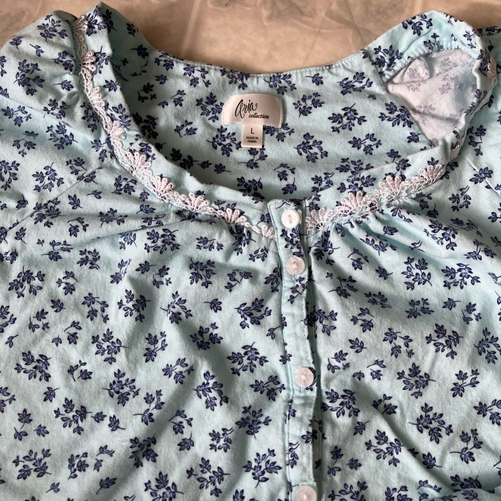 Aria Collection Turquoise Floral Pajama Set Women's Size Large 12-14 Cotton - Picture 2 of 4